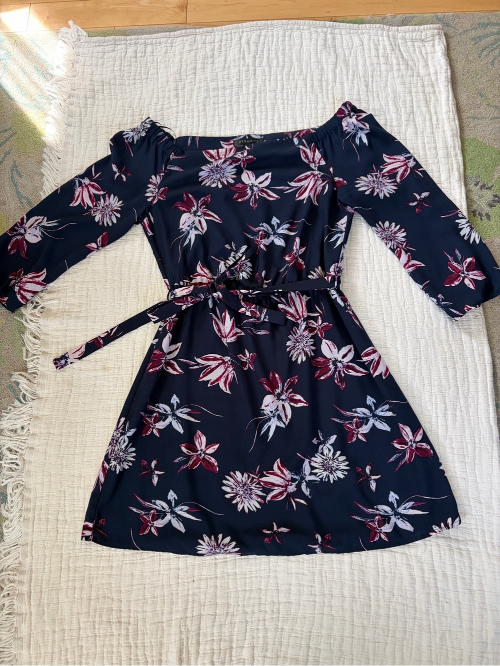 Dynamite Navy Off-Shoulder Mini Dress with Pink & White Floral